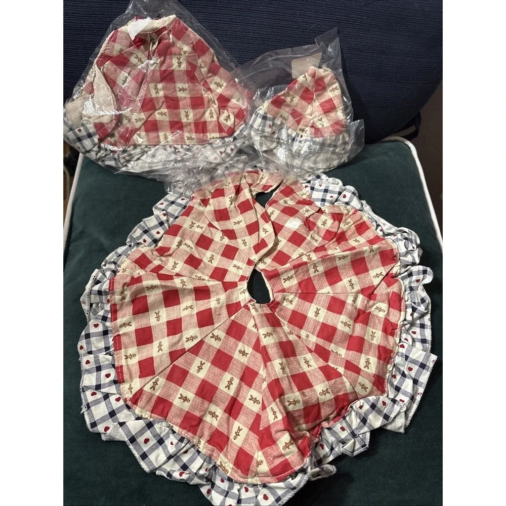 3 Mini VTG Christmas Tree Skirt Set 1980s Holiday  Gingham Gingerbread Ruffles